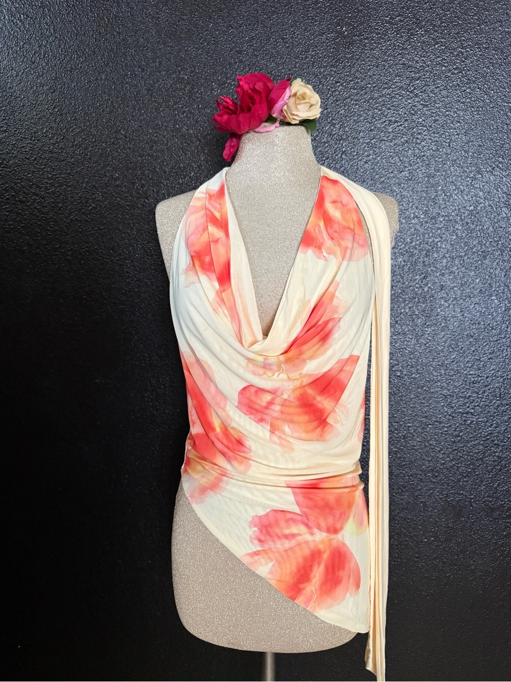Floral Draped Halter Top in Cream and Coral